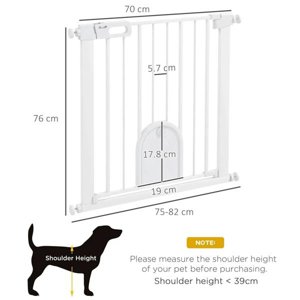 White pet safety gate with arched cat door, shown with overall size measurements