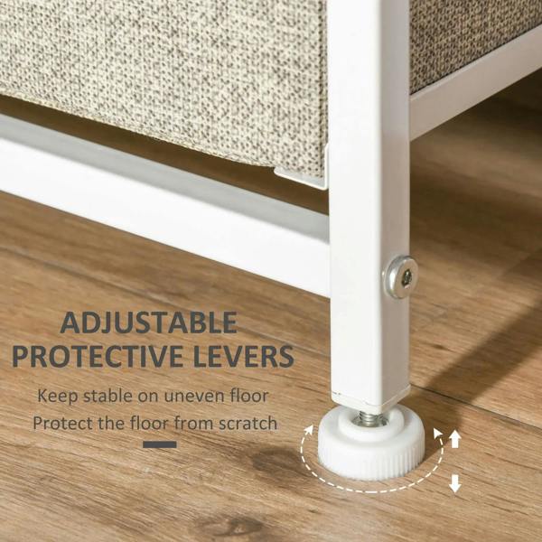 Adjustable protective lever on white metal leg beneath a fabric drawer chest