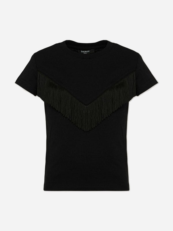 Balmain Girls Fringed T-Shirt in Black