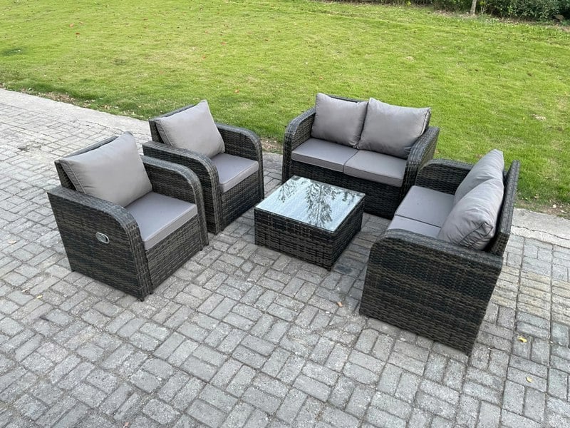 Fimous 6 Seater Rattan Sofa Set Outdoor Garden Furniture Set with Square Coffee Table Loveseat Sofa Reclining Chairs Dark Grey Mixed
