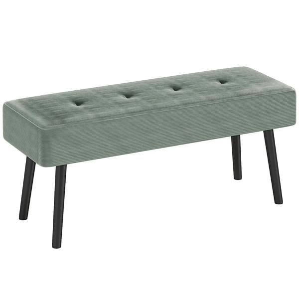 Green corduroy end bench with tufted seat and thick padding, steel legs