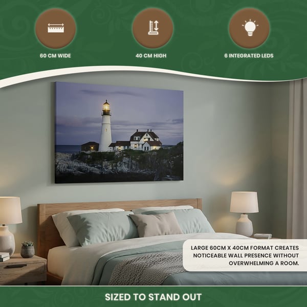 Large Lighthouse Scene Canvas Picture Print with 6 LED Lights, Wooden Frame Wall Art with Side Switch, 60cm x 40cm