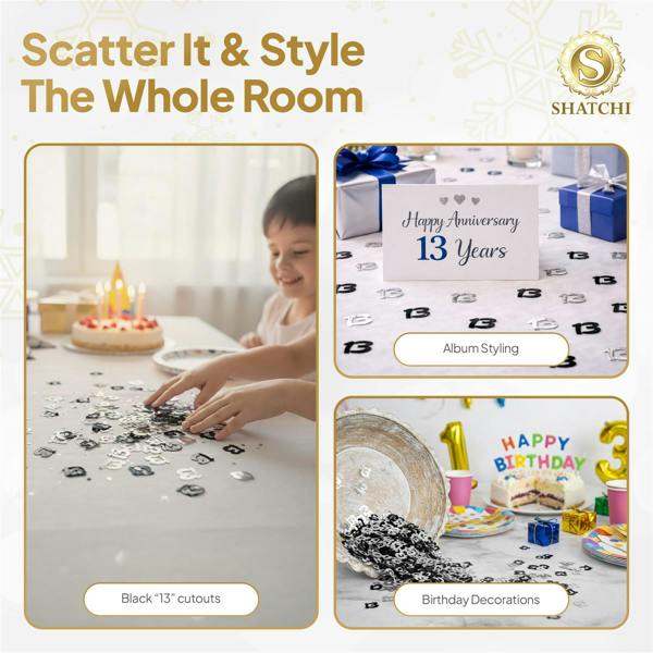 13th Birthday Black and Silver Metallic Confetti Decoration Pack, Table Party Decor image 5