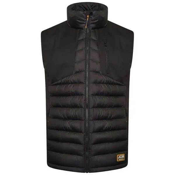 JCB Hybrid Mens Soft Padded Lightweight Work Gilet Body Warmer, black padded sleeveless vest with high collar and zipper front for warmth and comfort.