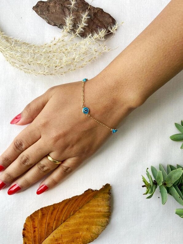 The Colourful Aura Gold and Silver Evil Eye Charm Beaded Slim Chain Adjustable Lucky Eye Bracelet