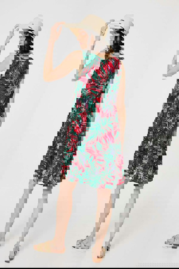 Red | Leaf Print Sleeveless Tunic Dress