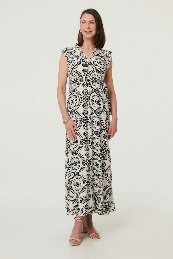Cream | Printed Cap Sleeve Tie Waist Maxi Dress