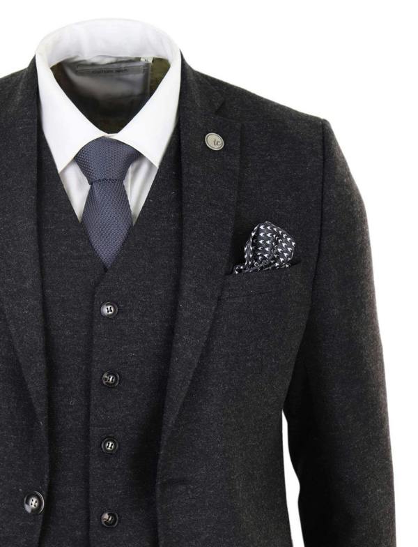 TruClothing Mens 3 Piece Black Wool Tweed Vintage Retro Suit