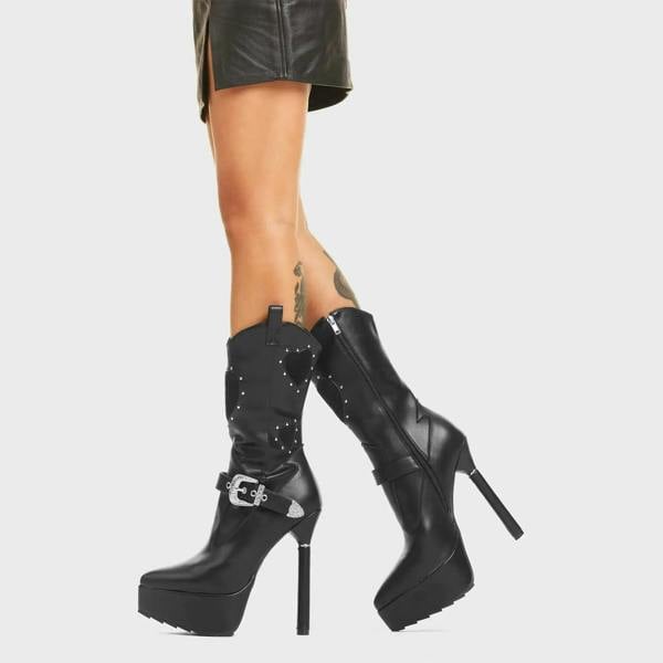 Lamoda Anger Management Black PU Black Heart Platform Calf Boots Size