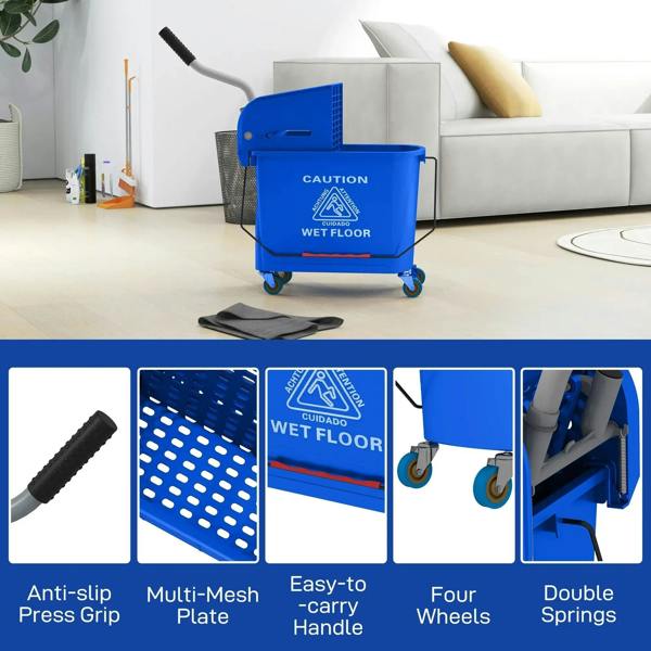 Blue mop bucket with perforated wringer basket and four caster wheels