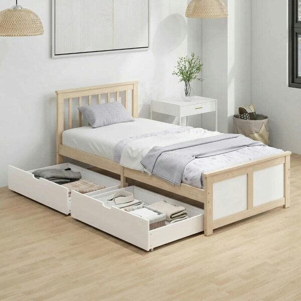 Pine Storage Bed, 3ft Single Solid Wooden Bed Frame with Drawers, Headboard, Wood Slat Support, Natural Wood Finish - Natural wood finish