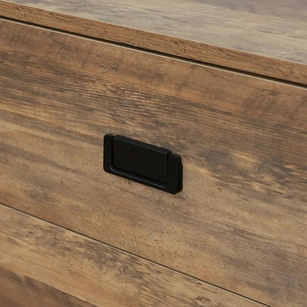Rustic brown sideboard drawer front with black rectangular pull and wood-grain texture