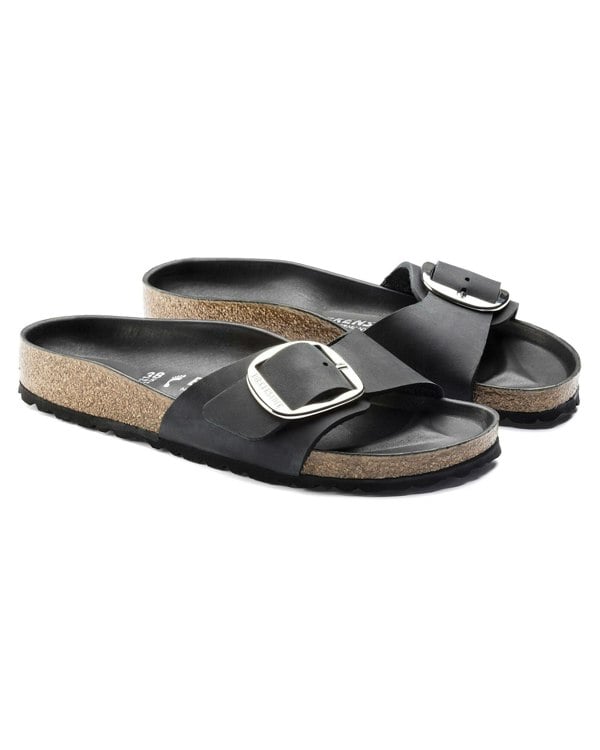 Birkenstock Madrid Big Buckle Oiled Leather Womens Sandals - Black - CHO - Designer Womens Sandals