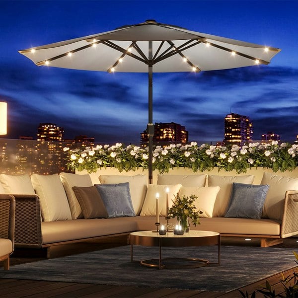 Light Grey 3m Iron Garden Parasol Sun Umbrella With Solar LED Lights Parasols & Rain Umbrellas Living and Home