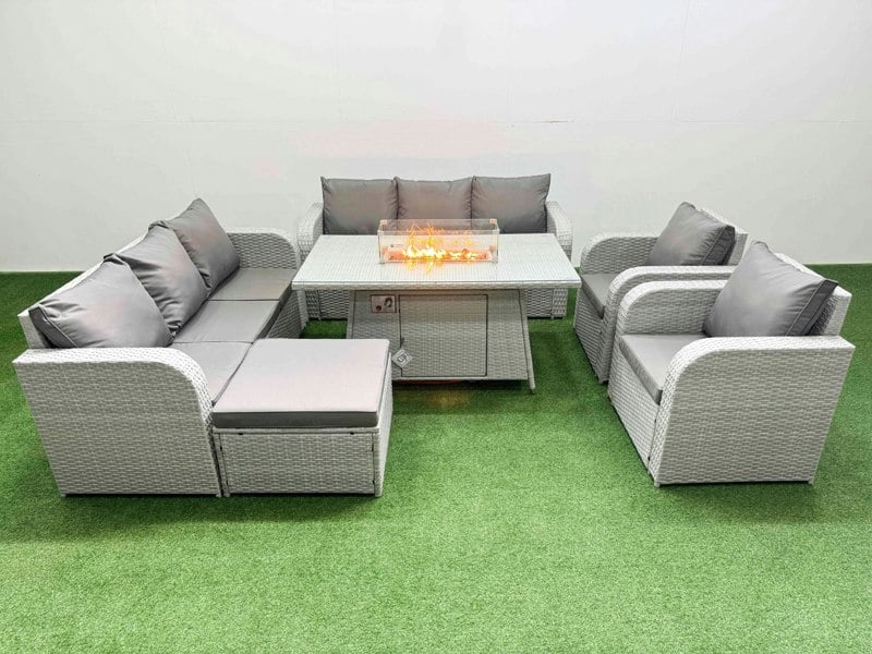 Fimous PE Rattan High Back Lounge Sofa Set Patio Fire Pit Dining Table & Chairs Set with 3 Seater Sofa Reclining Chair Big Footstool Light Grey