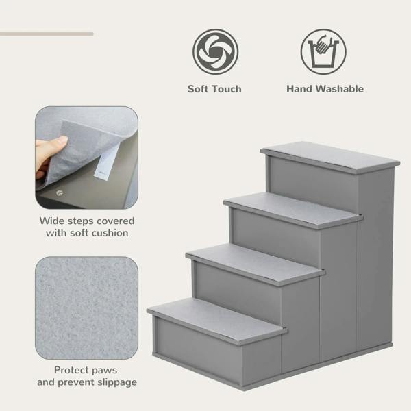 Grey 4-step pet stairs with cushioned, non-slip carpet treads