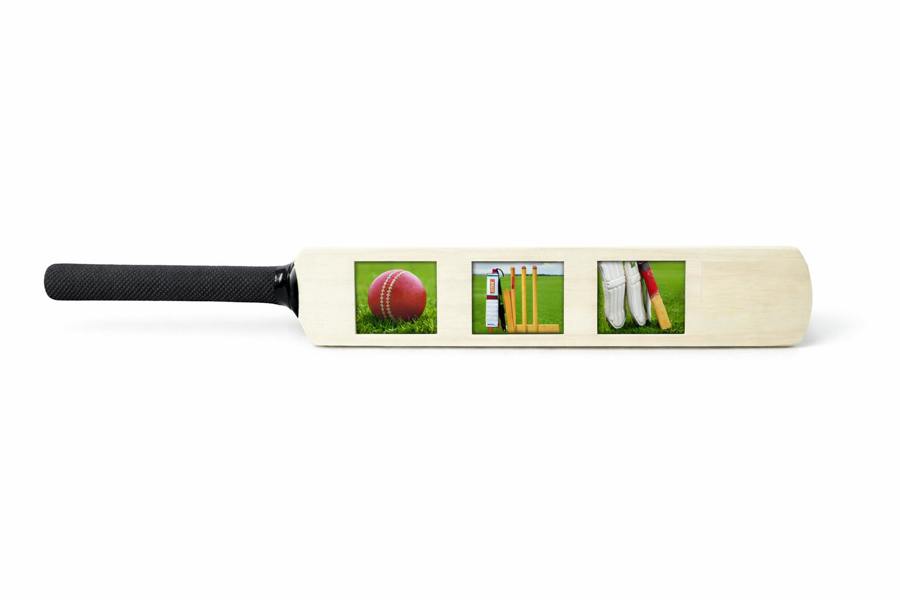 CRICKET-GIFTS Mini Bat Photo Frame ? 40cm Wooden Cricket Bat with 3 Passport-Style Photo Holders (Unvarnished or Finished)