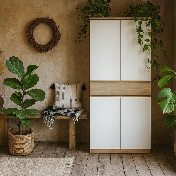 Wyld Haus Budapest White and Natural Oak Effect Wood Shoe Cabinet 4 Doors 1 Drawers
