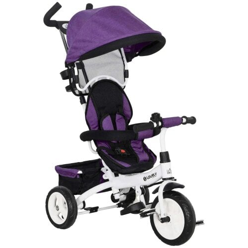 Bobobiy 6 in 1 Kids Trike Push Bike w/ Push Handle, Canopy, 5-point Safety Belt, Storage, Footrest, Brake, for 1-5 Years, Purple