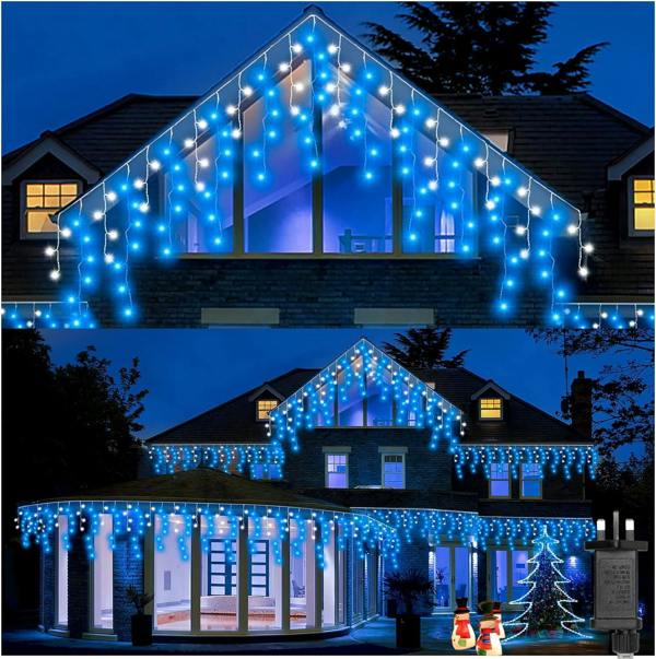 White and Blue Icicle LED String Fairy Lights with Timer, Memory Function and Size Options image 1