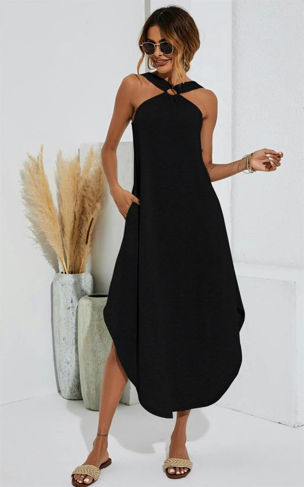 FS Collection Leg Slip Halter Neck Curve Hem Midi Dress In Black