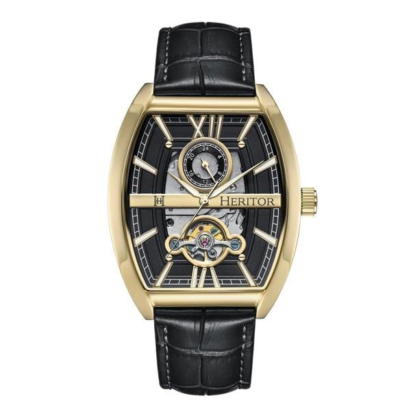 Heritor Automatic Masterson Semi-Skeleton Leather-Band Watch - Gold/Black - HERHS3503