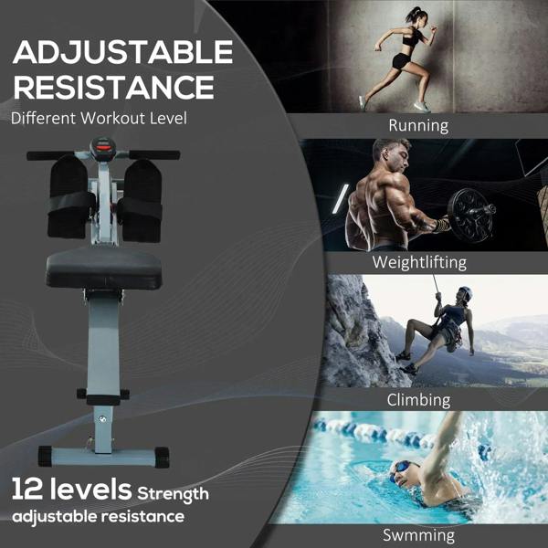 Grey rowing machine featuring adjustable resistance levels and a padded seat with foot pedals