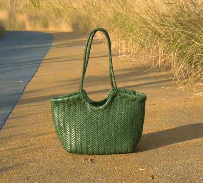 RIMINI Genuine Leather Hand Woven Shopping Bag - Green