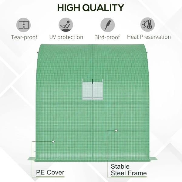 Green greenhouse cover with PE fabric and stable steel frame, roll-up door panel