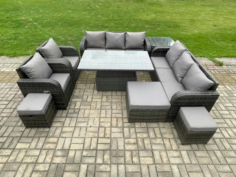 Fimous Wicker PE Rattan Garden Furniture Patio Set, Adjustable Height Dining Table Sofa, Reclining Chair, Side Table, 3 Footstools, Dark Grey Mixed