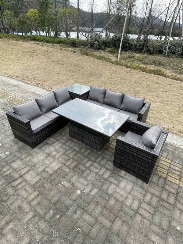 Fimous 7 Seater PE Rattan Corner Sofa Set Garden Furniture Rising Adjustable Dining Table Set High Side Coffee Table With Arm Chair