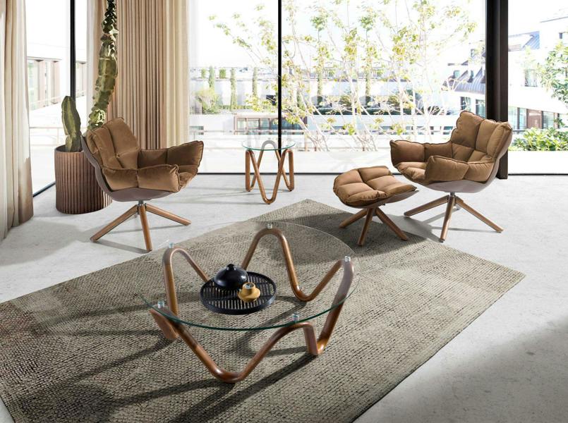 Angel Cerdá Round tempered glass and walnut corner table 2125
