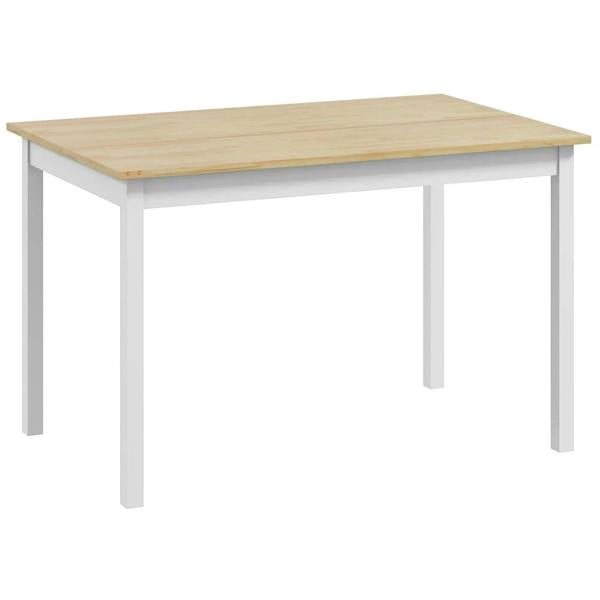 Farmhouse-style dining table with natural wood top and white four legs