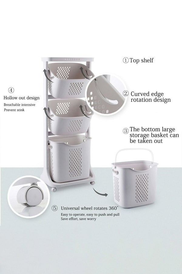 Living and Home 3 Compartments Laundry Basket Storage Basket Detachable Clothes Hamper Multi-Functional Rotatable Sorter Cart with Wheels Shelf