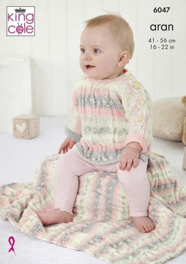 King Cole Cosy Love Aran Knitting Pattern 6047, Sweaters, Tops, Headwear, Blankets for Baby, 16 - 22 Inches