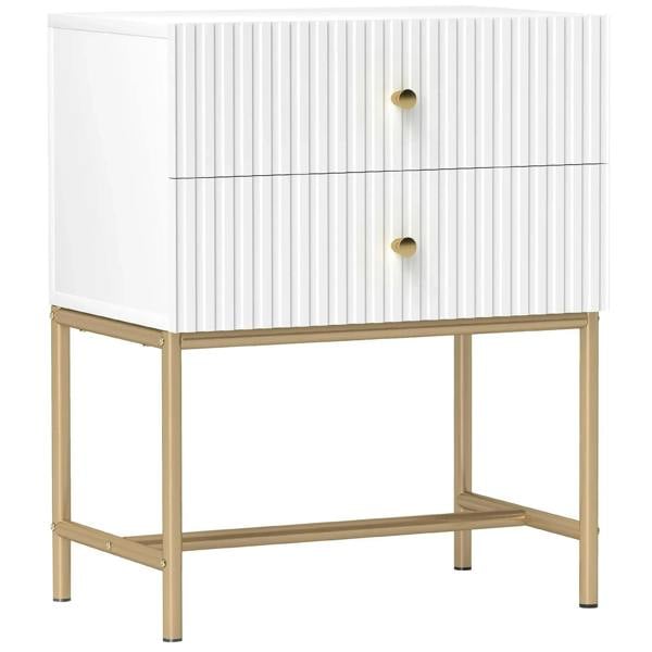White two-drawer bedside table with ribbed front and round brass pulls, open shelf base