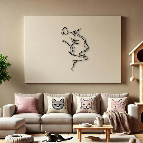 Decortie Woman and Cat Metal Line Art Wall Decor