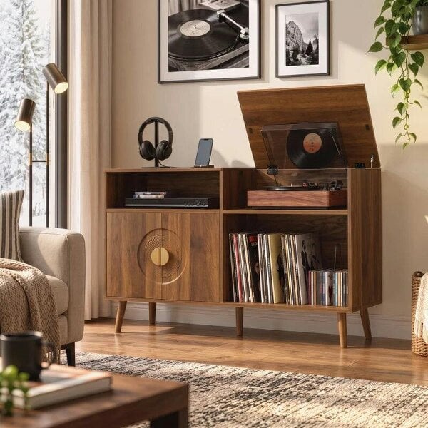 Bobobiy Record Player Stand, Vinyl Record Holder with Storage Holds Up to 300 Albums with Flip-Top Compartment, Walnut
