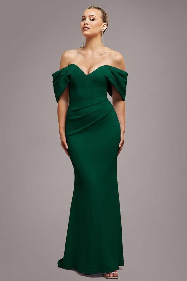 Off The Shoulder Draped Sleeve Maxi Dress - Emerald Green DR3259