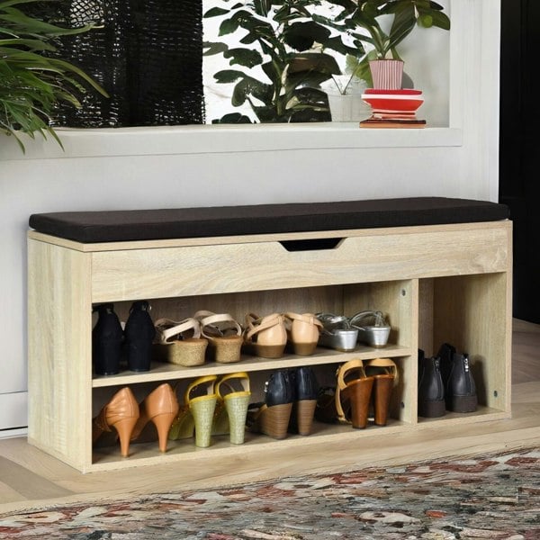 Rafaelo Mobilia Shoe Storage Bench With Cushioned Seat 103CM Natural Brown