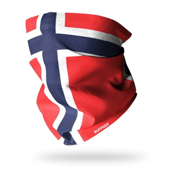 RUFFNEK® Norwegian Flag Snood – versatile neck warmer with a bold Norway flag design. Perfect for Norwegian cruises, fjord hiking, and cold-weather travel.