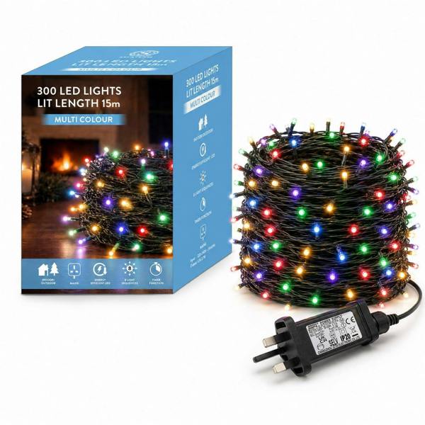 Multicolour Fairy String Lights with 8 Modes, Mains Power, Memory and Auto Timer, Green Cable, 300 to 1000 LED Options image 1