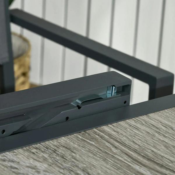 Grey table frame underside with extension hardware and wood-look tabletop edge