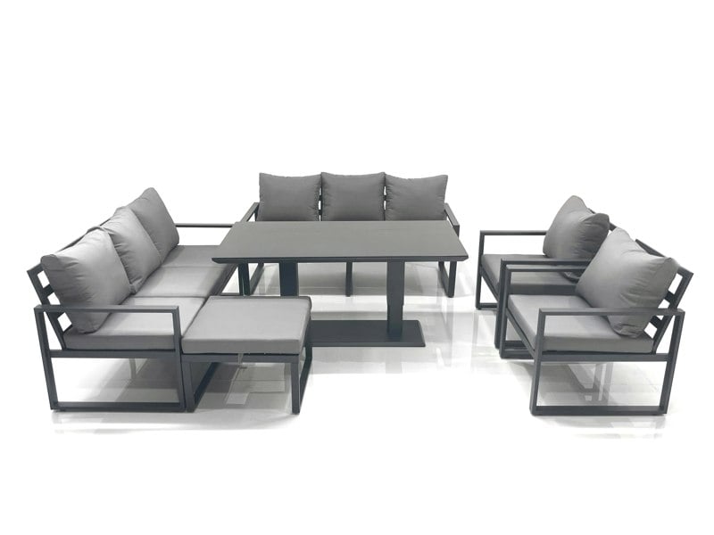 Fimous Outdoor Aluminium Garden Sofa Set & 2 Chairs with Footstool Adjustable Rising Dining Table - Dark Grey