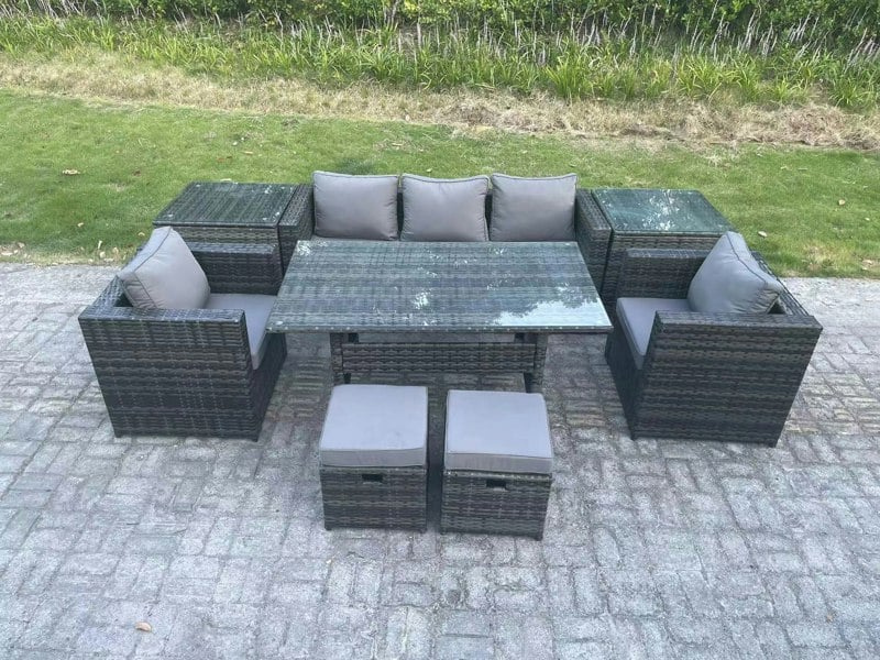 Fimous Outdoor Garden Furniture Set Patio Rattan Rectangular Dining Table Lounge Sofa Chair with 2 Side Table 2 Small Stools Dark Grey Mixed