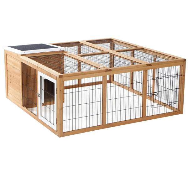 Outdoor rabbit hutch run cage with wooden frame, wire mesh panels, and asphalt roof