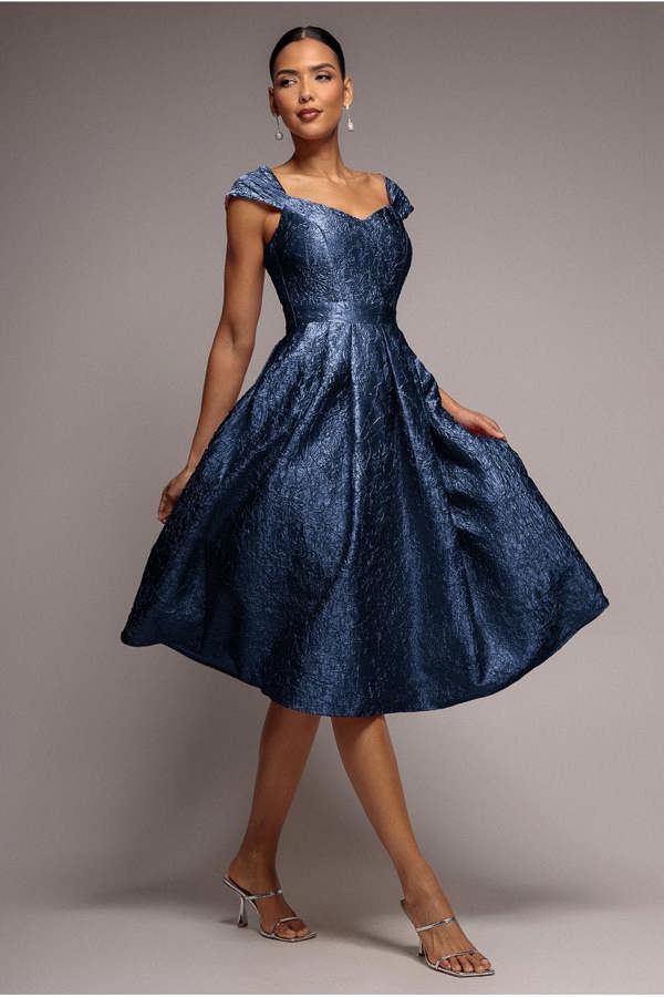 Crushed Satin Sleeveless A Line Midi Dress - Navy Blue DR4551