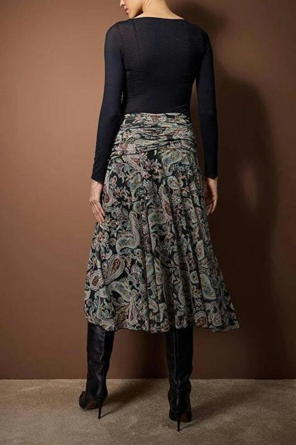WOVCOR Maxi Boho Chic Printed Tulle Stretch Knit Skirt with Drape Detail