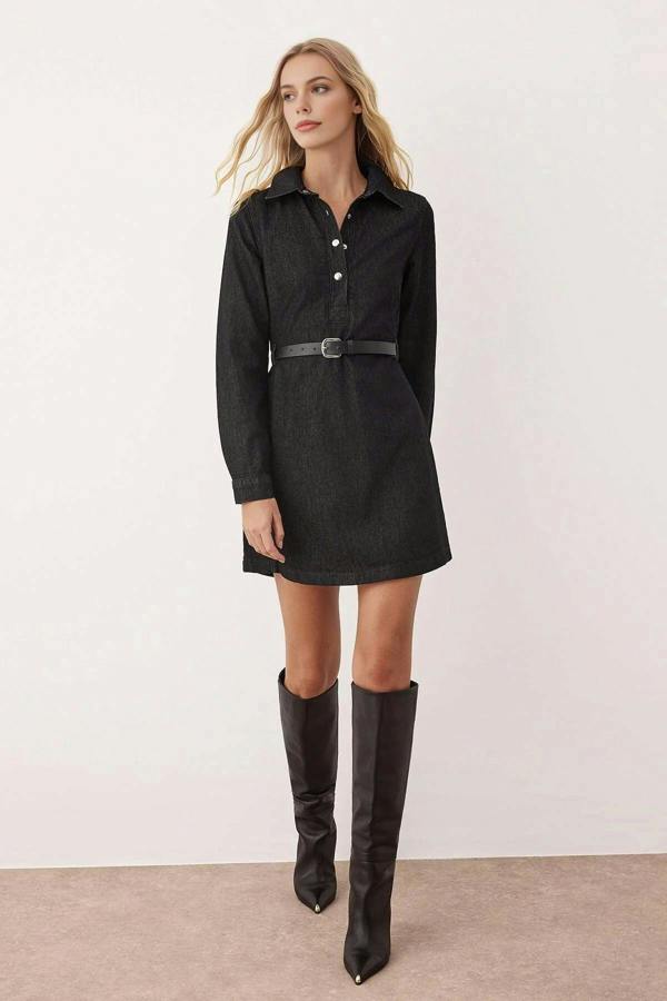 WOVCOR Shirt Collar Belted Long Sleeve Mini Denim Dress