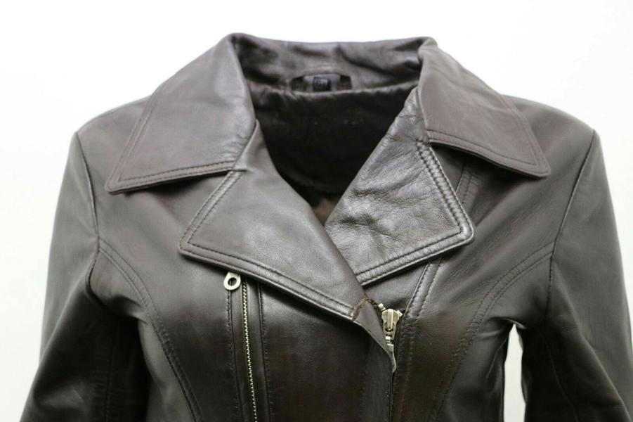 Womens Md Length Leather Biker Jacket-Okehampton - Upperclass Fashions 